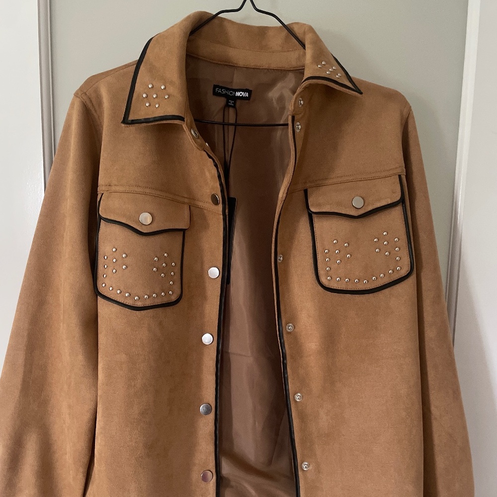 Fashion Nova “Wyld Studded Faux Suede Shirt - Camel/combo” shirt